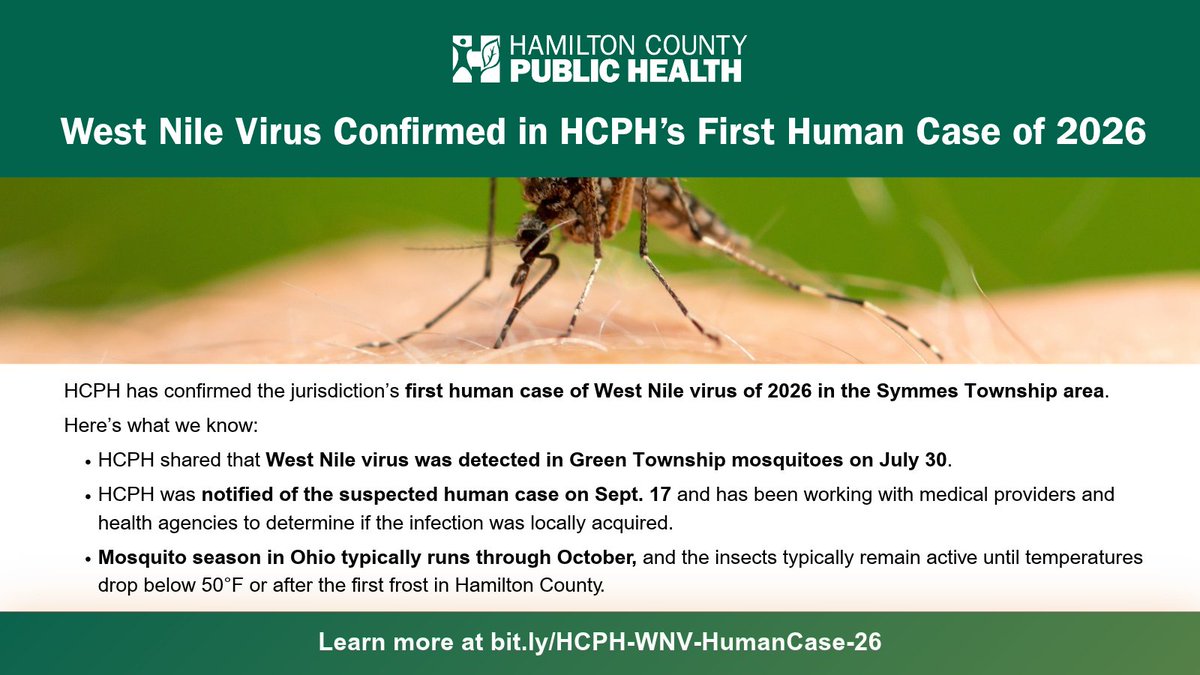 HamCoHealth's tweet photo. HCPH has confirmed the jurisdiction’s first human case of West Nile virus of 2026 in the Symmes Township area.

Visit our website story to learn more &amp; download our mosquito bite prevention and control fact sheet at https://t.co/D3cH9qfrPA. https://t.co/h9mpI3kGpy