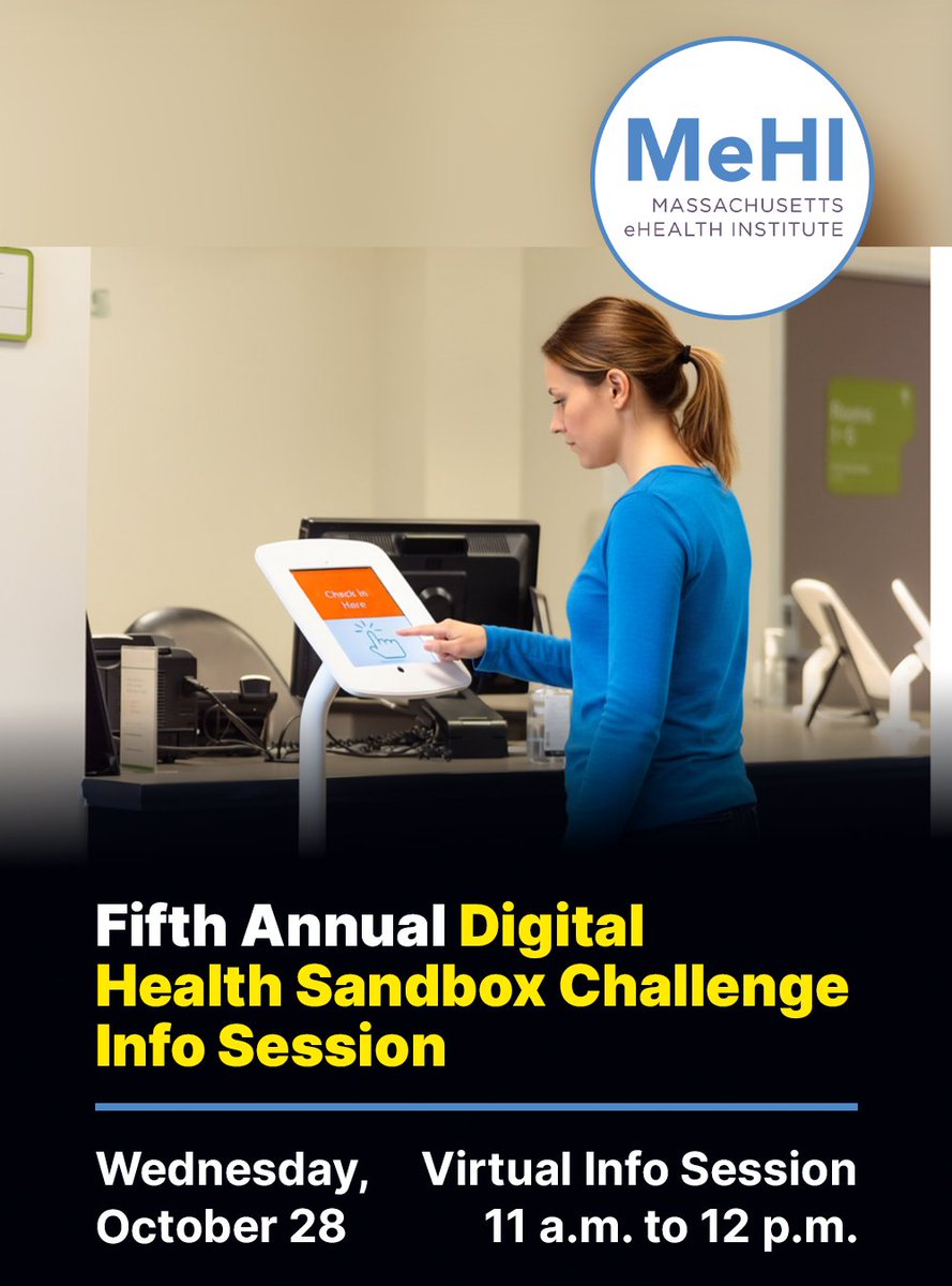 Mass_Tech's tweet photo. MeHI’s fifth annual Digital Health Sandbox Challenge will support digital health solutions addressing healthcare access &amp; affordability across MA.

Learn about the $1.1M funding opportunity at the virtual launch Oct. 28, 11 a.m. - noon: https://t.co/LHPQfvXrXu

#MeHI https://t.co/L9bb8wpYgG