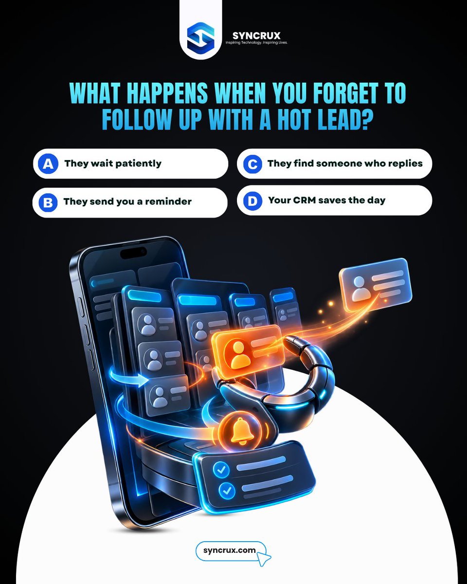 SyncruxAI's tweet photo. What happens when you forget to follow up with a hot lead?
Visit Our Website: https://t.co/xP6kxSE3e1
Visit Us: New York, NY 10001, US
#syncruxai #leadgeneration #salesprocess #businessautomation #leadmanagement https://t.co/x0XeiGWURH