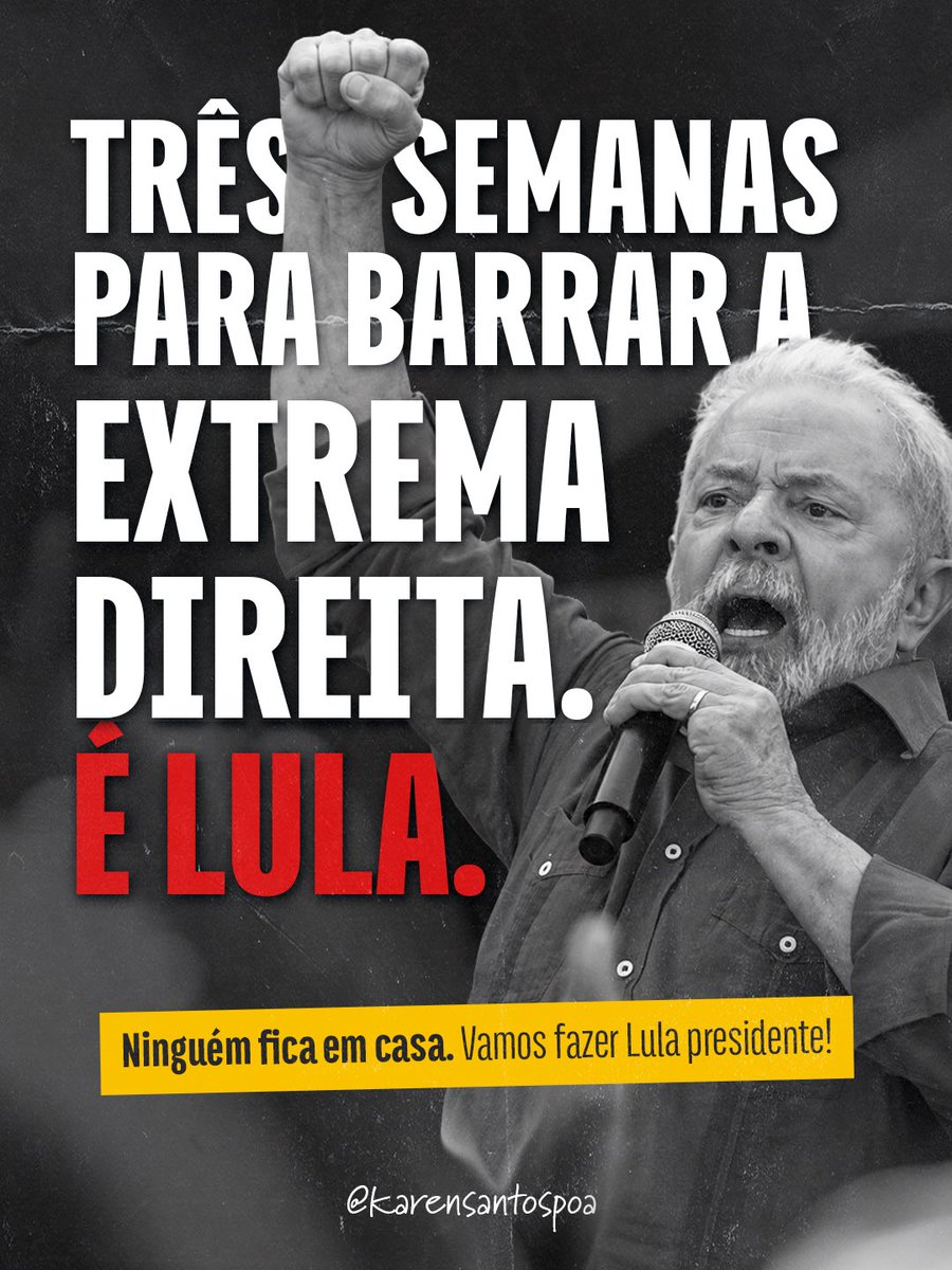 karenpsol's tweet photo. Três semanas para derrotar a extrema direita nas urnas.

Não é hora de recuar, nem de ficar em casa. É hora de conversar, mobilizar, disputar cada voto e mostrar que o Brasil não aceita o projeto de ódio, autoritarismo e retrocesso que a extrema direita representa.

A democracia precisa de gente disposta a defendê-la. E essa vitória será construída nas ruas, nas redes, nas conversas e no voto.

Temos três semanas. Vamos à luta para fazer Lula presidente! ✊🏽