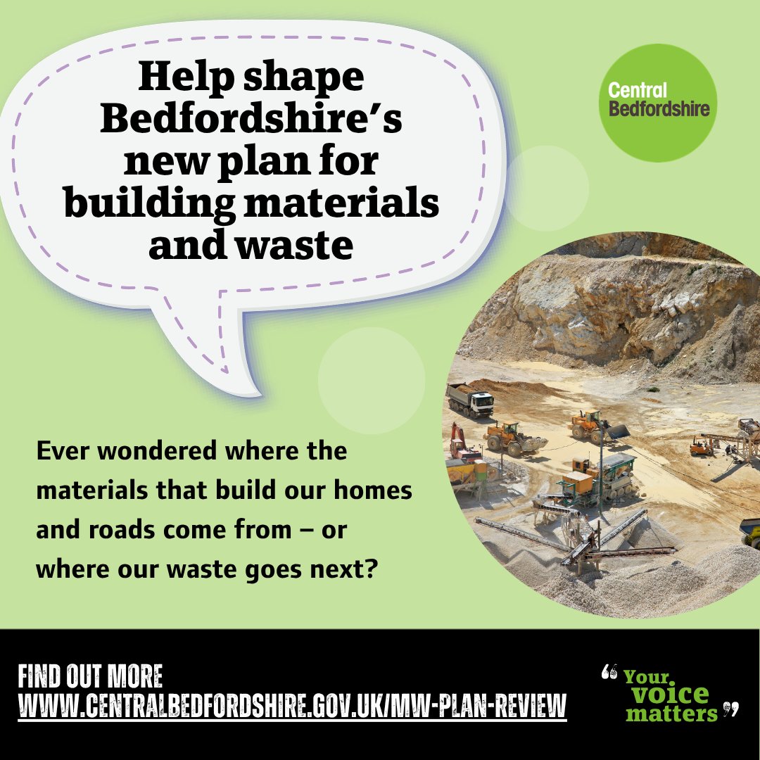 letstalkcentral's tweet photo. Help shape Bedfordshire’s new minerals and waste plan. It will guide future sand and gravel supply for homes and roads, and waste management facilities across the area. The first consultation launches on 12 October 2026. Find out more: https://t.co/YQe0eTo16R https://t.co/Fp2mzPU78i