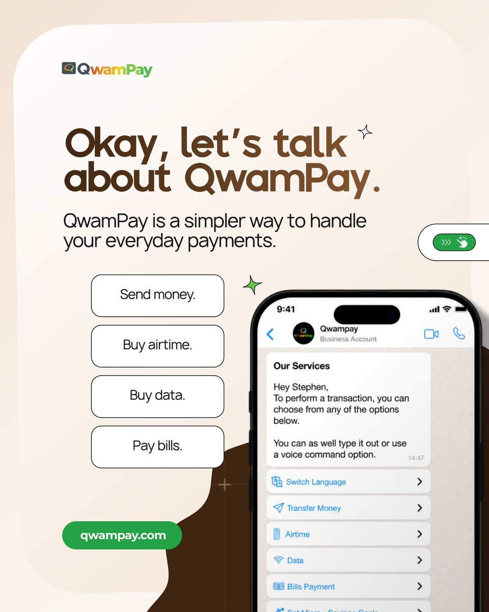 QwamPay's tweet photo. Your money moves. Your WhatsApp stays open.
That’s the whole idea. 💸

QwamPay is almost here.

•

#QwamPay #BankingMadeEasy #BankingInWhatsApp #FintechNigeria #DigitalPayments https://t.co/O6kCH8gM58