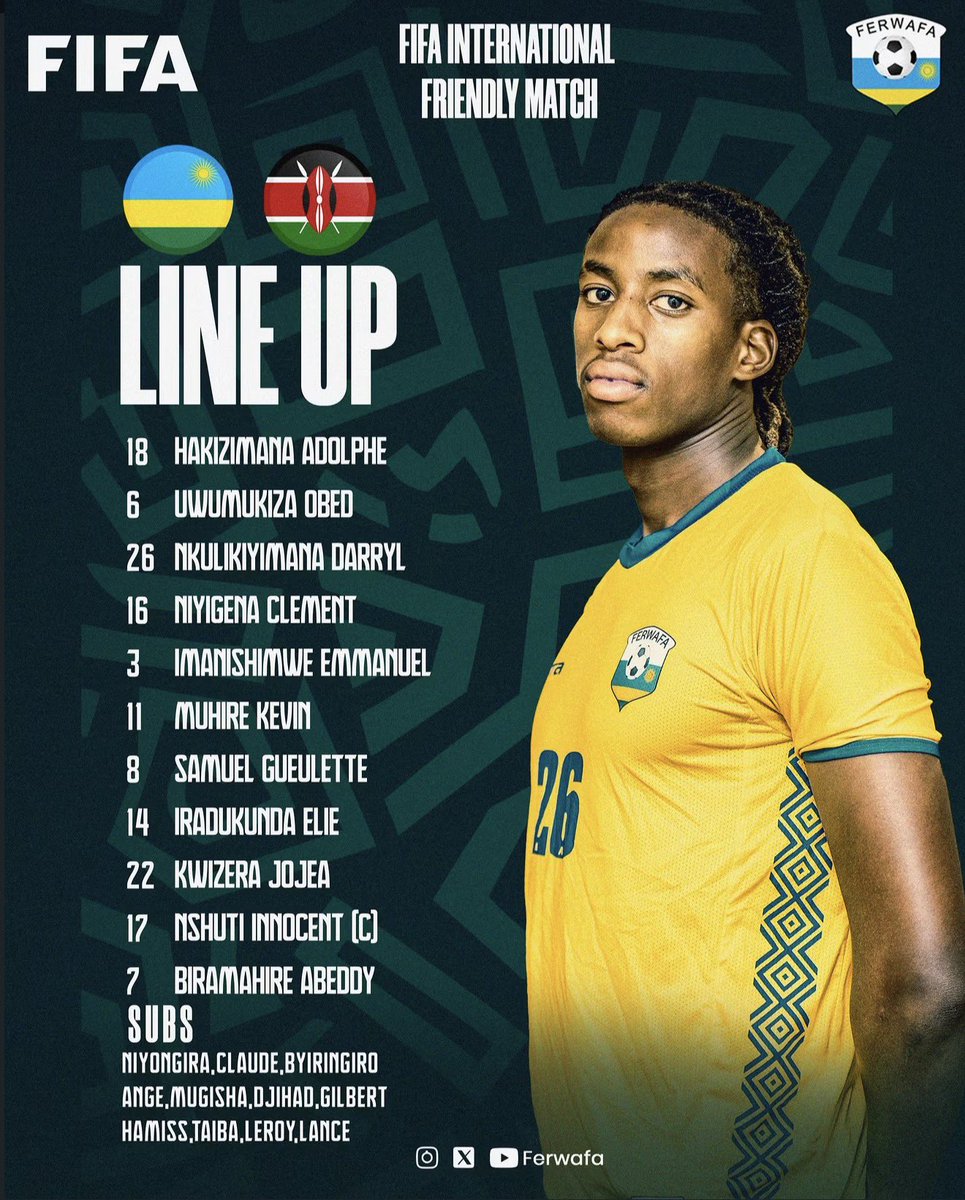 imfuraluc01's tweet photo. #FriendlyGame | 6PM 

RWANDA 🇷🇼 vs 🇰🇪 KENYA 

Lineup…. Slayd mubuze noneho no muri 20! 

Yallaaaah…. 

@Bbkigalifm 89.7 FM https://t.co/DC12nfxw5L