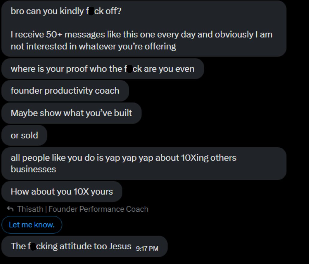 ThisathKR's tweet photo. Confession: I'm the guy who spammed your DMs.

It was the summer of 2025 and I had zero clients. I was HUNGRY for sales.

So, I:
- installed an automation
- wrote up some generic slop
- sent it to 5,000 people

The result:

1 sale.

100+ blocks.

Getting blocked by tons of entrepreneurs still stings but I'm grateful for the lesson I learnt.

Make mistakes. Mess up. Look at how not to mess up next time.

Isn't that the game of business at the end of the day?