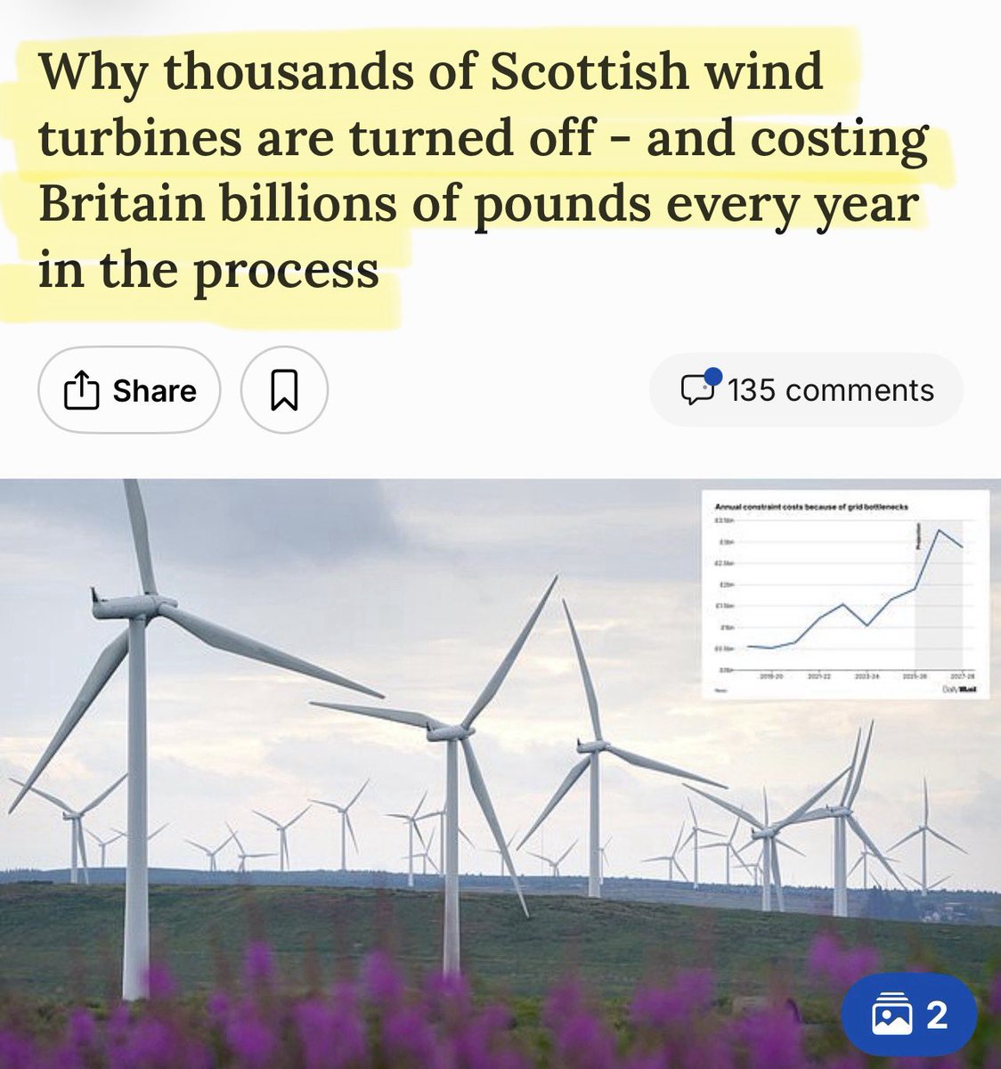 Artemisfornow's tweet photo. 🔥We chopped down over 17 MILLION TREES and replaced them with wind turbines … without enough cabling. 

So then we PAY TO SWITCH THEM OFF when it’s too windy! 

That madness has already cost billpayers £1.5 BILLION this year and forecast to be £3.2 BILLION over the next 12 months.  

Brilliant if you own shares in turbines! 

There’s no money in trees … yet 🔥