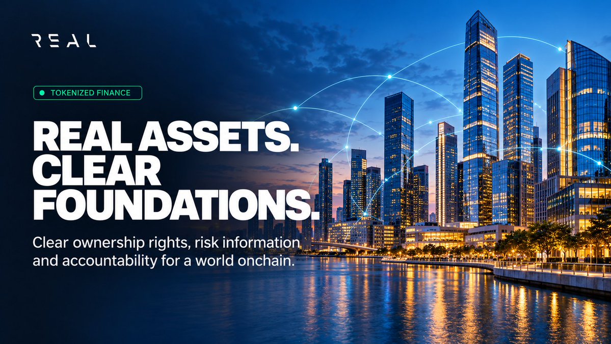 RealFinOfficial's tweet photo. Taking real-world assets onchain requires clear ownership rights, risk information, and accountability.

REAL is building infrastructure that brings these foundations to tokenized finance, supporting a global vision for RWAs.