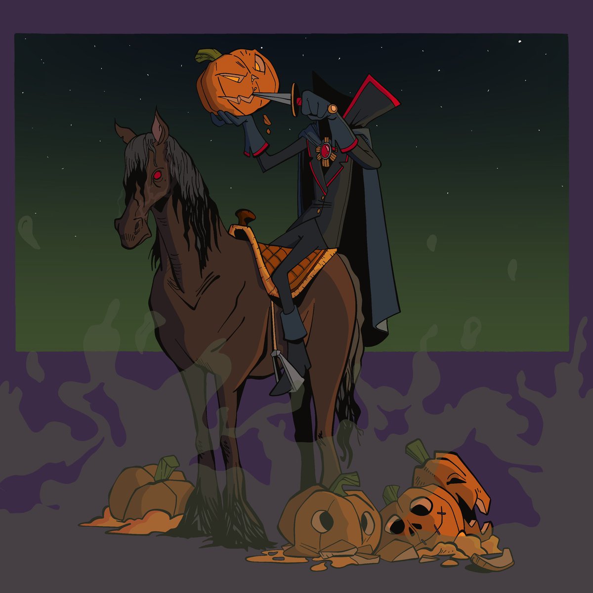 FabQuilp's tweet photo. Day 5 of 31 Days of Halloween 🎃

Clock in. Mount horse. Find head. Terrify locals.

No benefits. No PTO. Same shit every October.

The Headless Horseman really needs a union. 🎃🐎 https://t.co/w7p27PcUh0