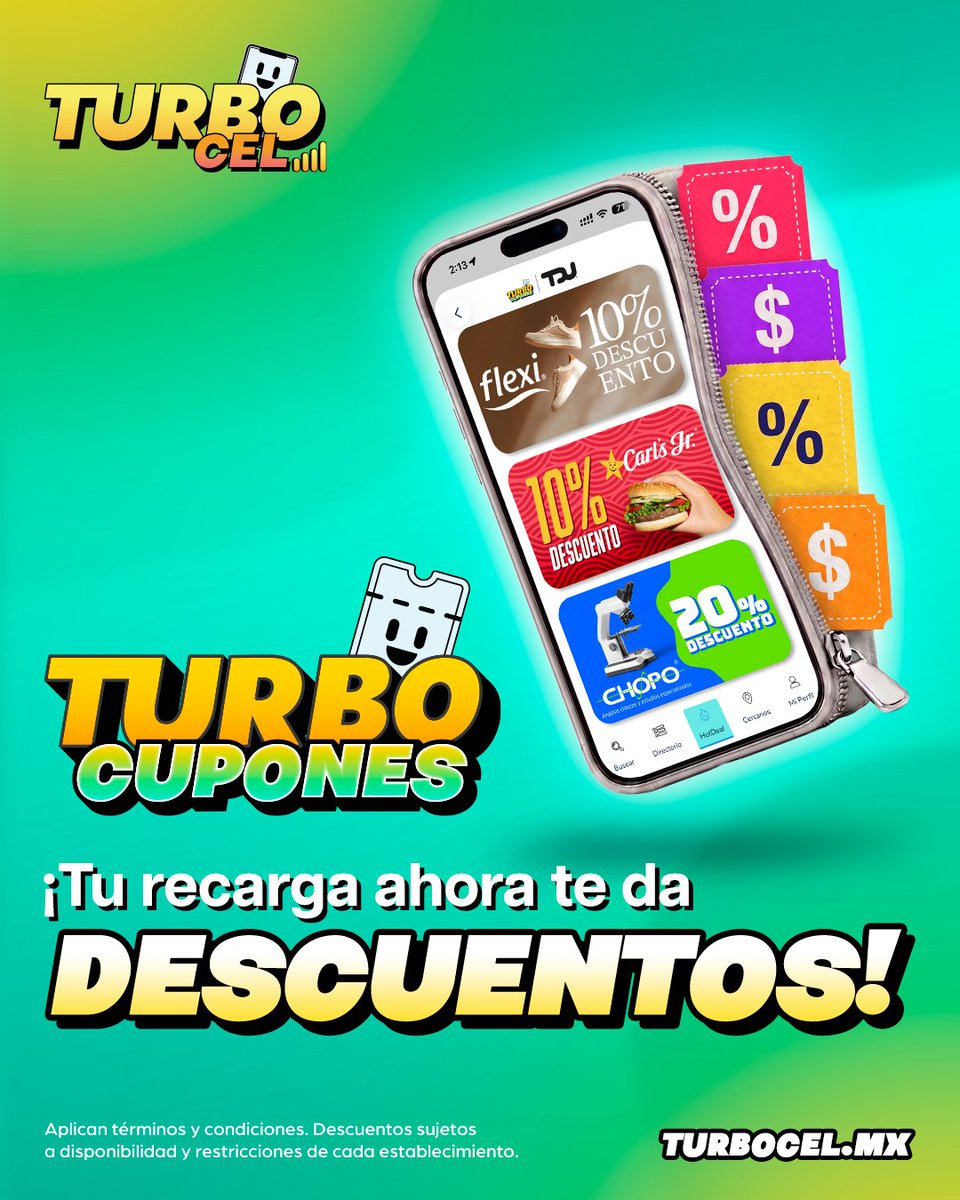 TurboCel_mx's tweet photo. ¡TurboCupones ya llegó para ti! Disfruta de este gran beneficio en tus lugares favoritos 🍔🛍️🛒

#TurboCel #TurboCupones #Descuentos #Telefonia https://t.co/h7jsjpIqwV