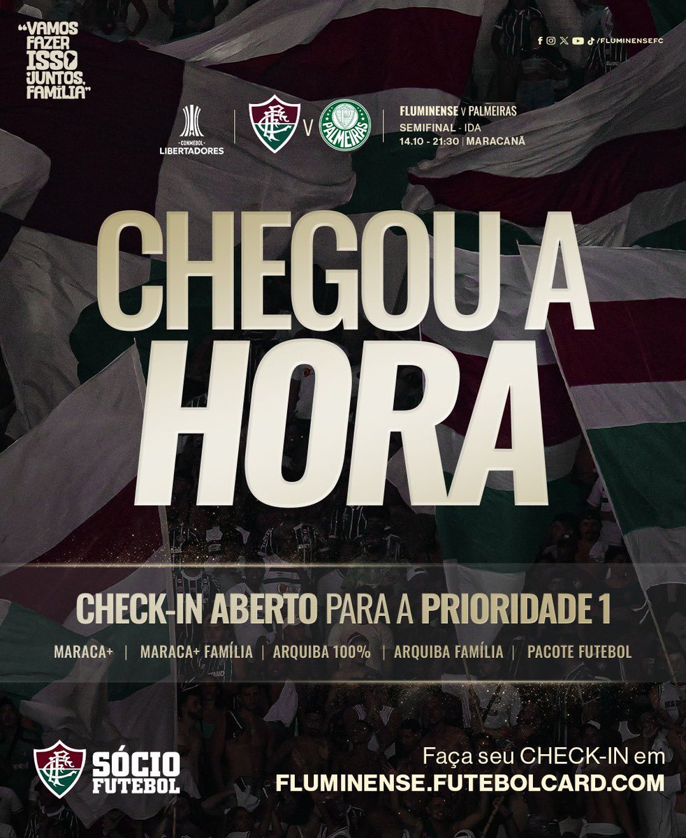 FluminenseFC's tweet photo. CHEGOU A HORA! 🇭🇺🇭🇺🇭🇺

CHECK-IN ABERTO PARA O JOGO DE IDA DA SEMIFINAL DA CONMEBOL LIBERTADORES, CONTRA O PALMEIRAS, NO MARACA!

VAMOS FAZER ISSO JUNTOS, FAMÍLIA! Faça seu check-in >> https://t.co/VGz6iXS7AK https://t.co/KfR2ihPzqC