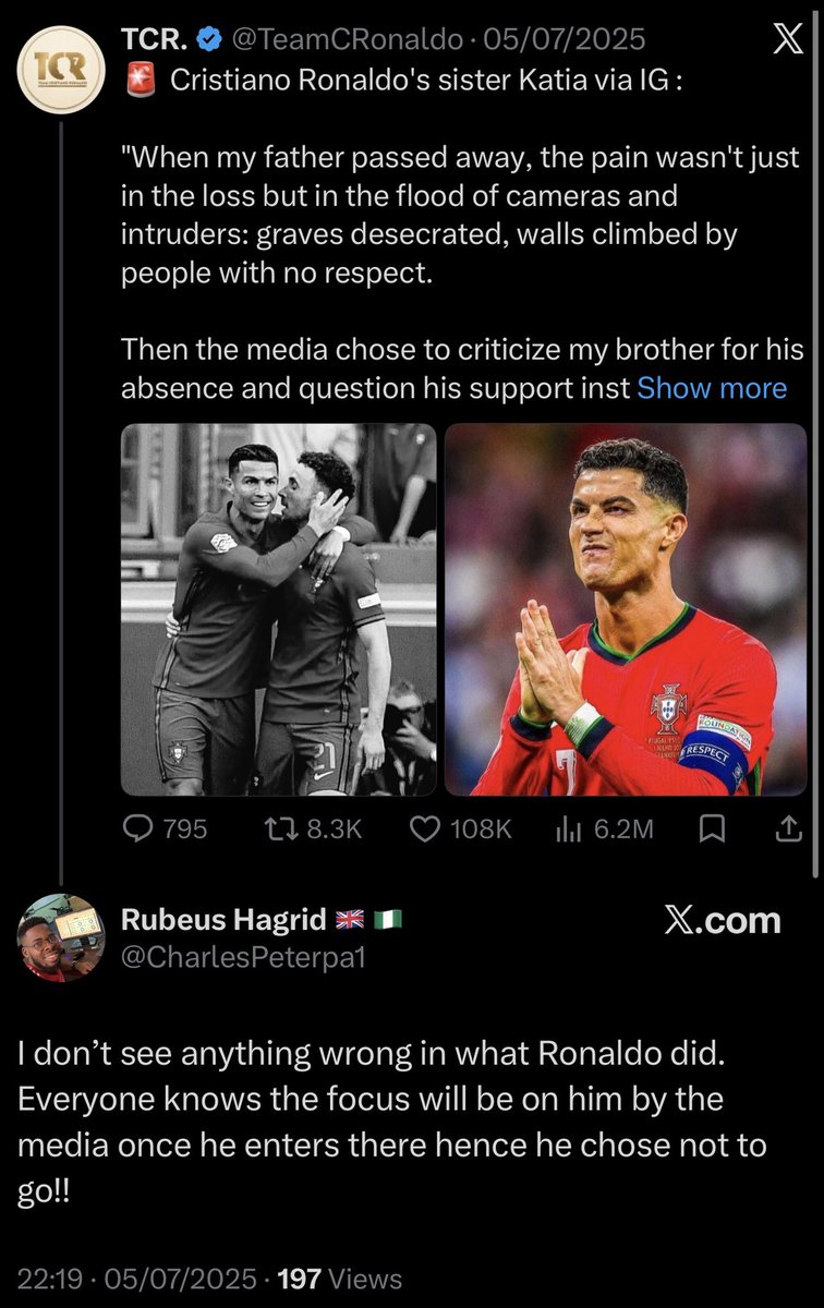 tobyasky's tweet photo. You don’t see anything wrong in what he did.

Left the team, left his team mates, and flew back to base, yet you don’t see what he did as wrong.

Same thing with Ten Hag. Walked out of the stadium, left the team, disrespected the manager and the club, I’m sure you didn’t see anything wrong, ten hag is to be blamed.

Let me tell you, Ronaldo doesn’t pay you salary, you don’t have to be so dishonest because of starship. Be true to yourself.

Anyone that do not support his BS is a hater according to you, anybody that does support it like you is his lover.

A video of Felipe Melo criticising the Portugal players, Ronaldo liked the video, is there anything wrong with that? Of course not.

His wife posted a fake SAF quote and quickly deleting it when caught, this is not wrong.

His sister disrespecting the Portuguese people is never wrong.

Bro, I don’t know you but please grow up. You’re not paid to be dishonest