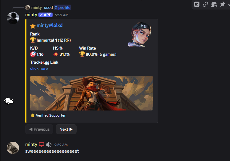 mintydtx's tweet photo. Hi guys, been working on this project for a while now!

There was this discord bot called RR Tracker that used to track matches, RR, and a server leaderboard.

Since the newer updates, the owner of the bot removed the free version which totally sucks :/

I'm completely remaking the original bot and making it free.

Come check it out!
https://t.co/9qxLtIgjgI

#valtwt #valorant
