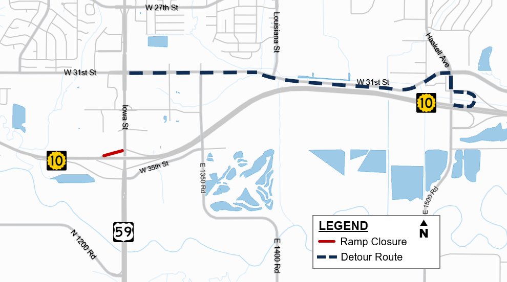 NEKansasKDOT's tweet photo. ⛔️US59/K-10 ramp closure in @lawrenceks to begin Wed., Oct. 7, at 9am. Please plan ahead!

▶️Details: https://t.co/eofIOAieEy 

@LawrenceKS_PD @douglascountyks @DGSOSheriff @dgcoem https://t.co/cENREsgAGE