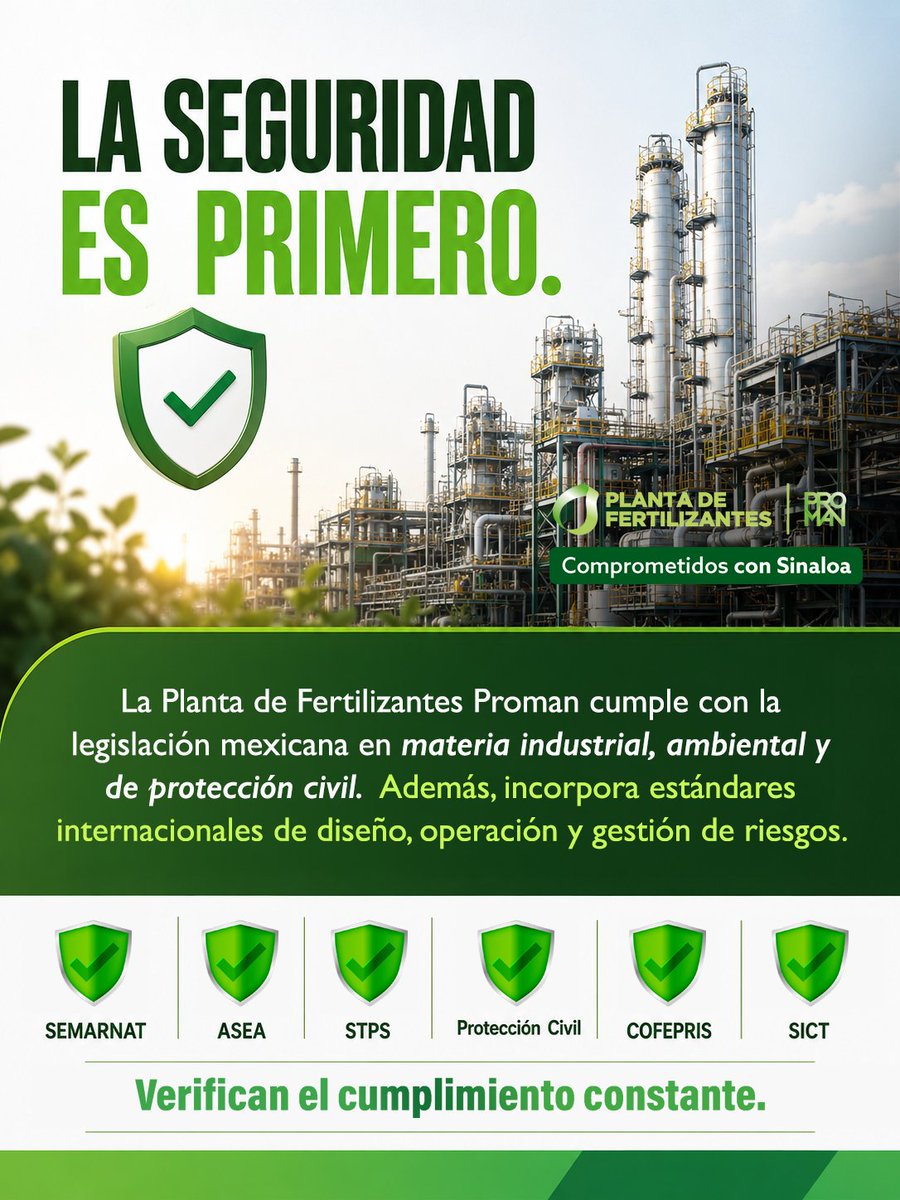 PlantaDeFertili's tweet photo. Cumplimiento normativo ✅ y estándares internacionales: así cuidamos la seguridad 🛡️.
Conoce qué autoridades verifican nuestro trabajo.
#Topolobampo #Sinaloa #ComprometidosConSinaloa https://t.co/9lMksk8XLO