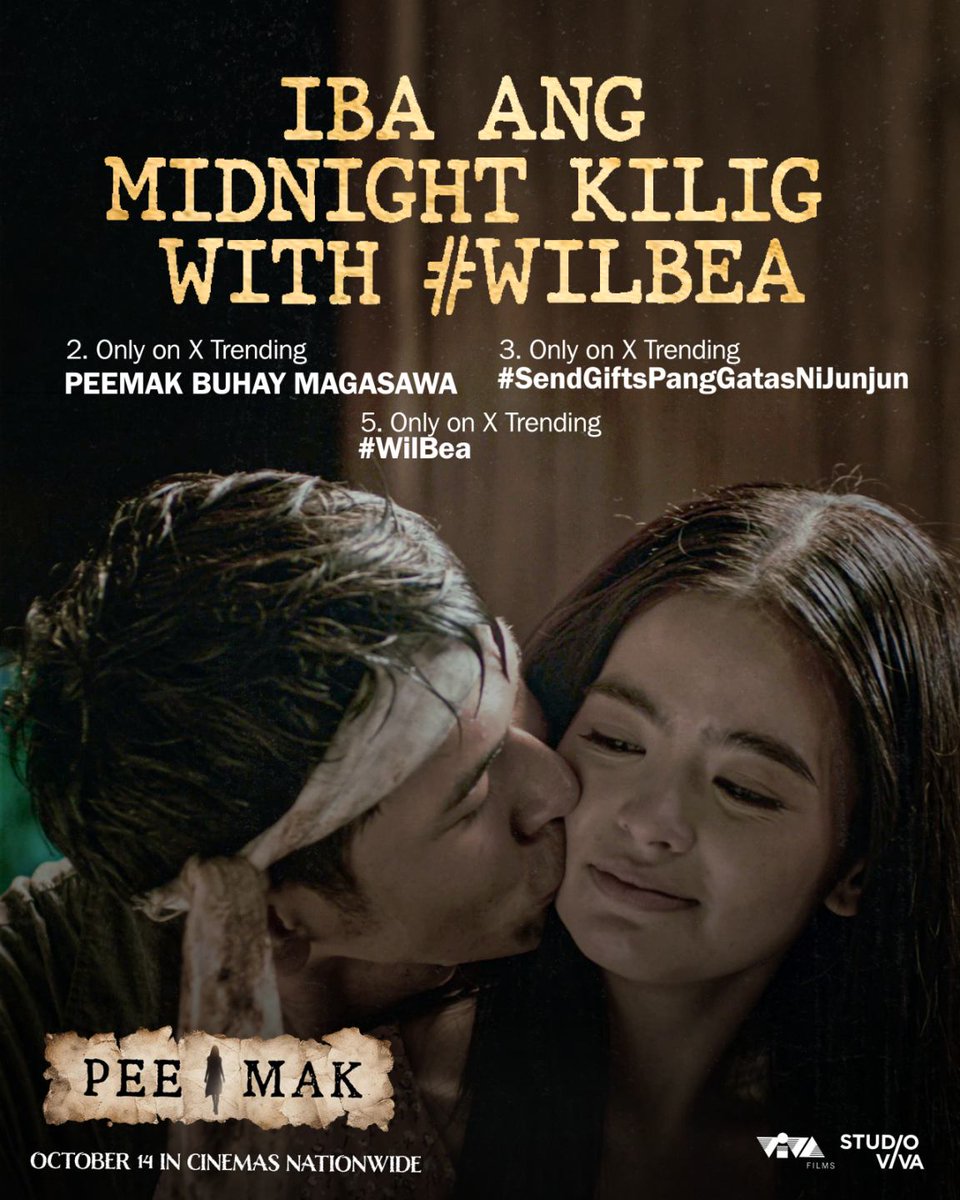 VIVA_Films's tweet photo. 𝗠𝗔𝗦𝗔𝗚𝗔𝗡𝗔 𝗕𝗔 𝗔𝗡𝗚 𝗔𝗬𝗨𝗗𝗔, 𝗕𝗘𝗦𝗛𝗜𝗘𝗦?! 😍

You made our LIVE trending! Sino nag-enjoy d'yan kayna #WilBea, TJ, and Jairus? 🤨

𝗣𝗘𝗘 𝗠𝗔𝗞
Directed by Victor Villanueva, DGPI
𝗢𝗖𝗧𝗢𝗕𝗘𝗥 𝟭𝟰 in cinemas nationwide

#PeeMakPH https://t.co/jnaJFQHPyi