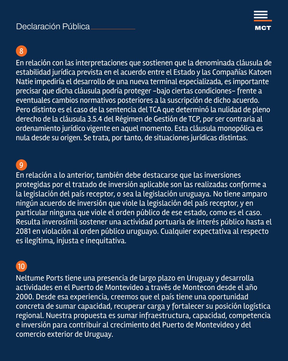 TerminalMCT's tweet photo. Creemos en un desarrollo portuario basado en institucionalidad, diálogo y competencia.
Reafirmamos la viabilidad jurídica de MCT y nuestra disposición a aportar antecedentes para su evaluación.
Queremos sumar inversión y capacidad para fortalecer al Puerto de Montevideo.
Más puerto, más inversión, más Uruguay. 🇺🇾