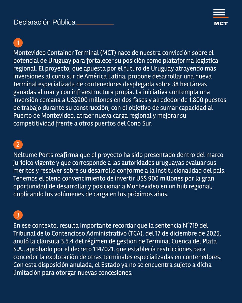 TerminalMCT's tweet photo. Creemos en un desarrollo portuario basado en institucionalidad, diálogo y competencia.
Reafirmamos la viabilidad jurídica de MCT y nuestra disposición a aportar antecedentes para su evaluación.
Queremos sumar inversión y capacidad para fortalecer al Puerto de Montevideo.
Más puerto, más inversión, más Uruguay. 🇺🇾