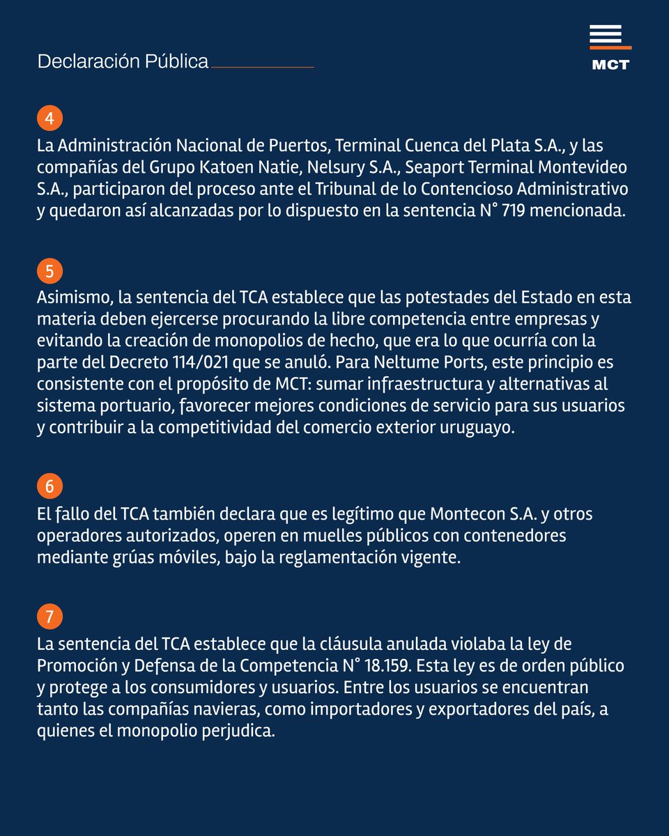 TerminalMCT's tweet photo. Creemos en un desarrollo portuario basado en institucionalidad, diálogo y competencia.
Reafirmamos la viabilidad jurídica de MCT y nuestra disposición a aportar antecedentes para su evaluación.
Queremos sumar inversión y capacidad para fortalecer al Puerto de Montevideo.
Más puerto, más inversión, más Uruguay. 🇺🇾