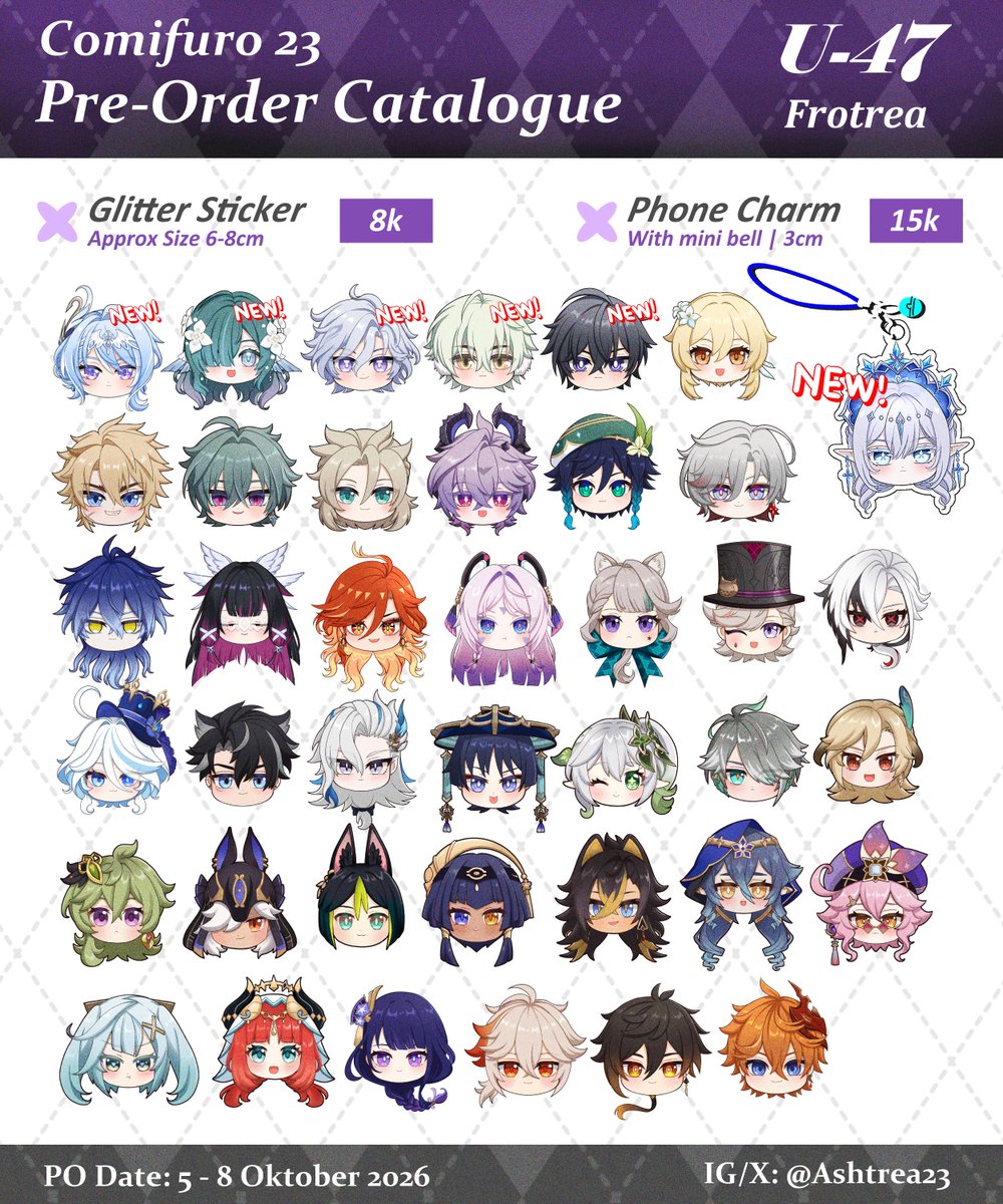 Ashtrea23's tweet photo. [💜&amp;🔃Appreciated]

Ashtreart CF23 Pre-Order is now open

📍FROTREA, Booth U-47
🗓️PO: 5 Okt - 8 Okt 2026
🚚Pick Up, Mail, 🍊
🔗PO link below

⭐️Paradox Live, CSM, Sakamoto Days, Solo Leveling, GSGW/GDCG, Genshin, HSR, JJK, Pokemon Trainer

#CF23 #CF23catalogue
#warunggenshin https://t.co/YvRGo9ArkV