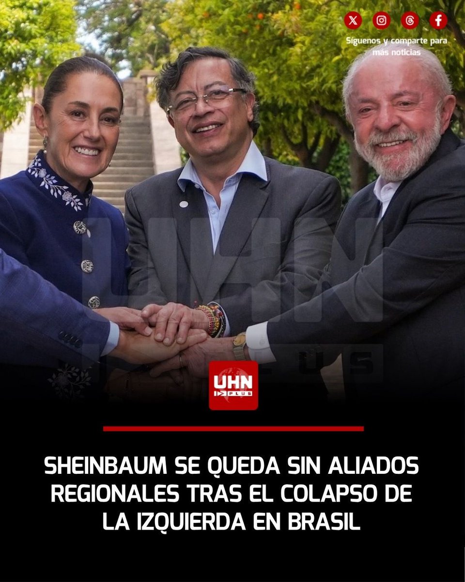UHN_Plus's tweet photo. 🇲🇽🇧🇷‼️ | La victoria de Flávio Bolsonaro y el inminente colapso del bloque socialista regional dejan a Claudia Sheinbaum en una posición de creciente aislamiento político en México: sin el respaldo financiero de agencias extranjeras como la USAID y ante el desmantelamiento de los gobiernos afines en la región, la administración mexicana enfrenta un escenario de vulnerabilidad diplomática y presiones por el deterioro de su infraestructura energética estatal.