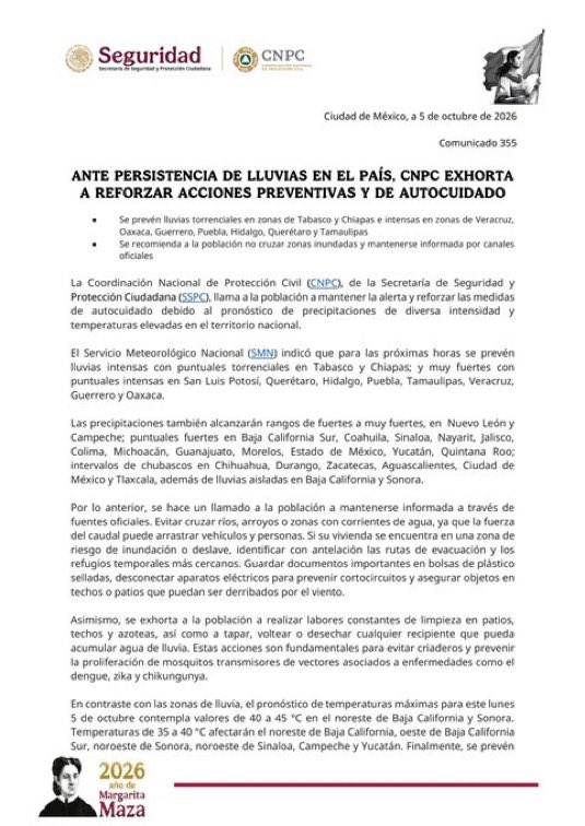 LuisCardenasMx's tweet photo. 🌧️ Alerta por lluvias intensas en gran parte de México

La CNPC llamó a reforzar las medidas preventivas ante el pronóstico de lluvias torrenciales en Tabasco y Chiapas, e intensas en Veracruz, Oaxaca, Guerrero, Puebla, Hidalgo, Querétaro y Tamaulipas.

⚠️ Protección Civil pidió evitar cruzar ríos, arroyos y zonas inundadas, mantenerse atento a los avisos oficiales y ubicar rutas de evacuación ante posibles crecidas e inundaciones.