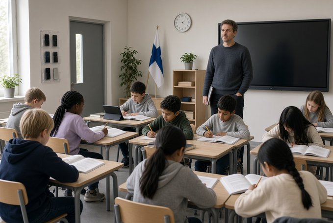 A teacher stands at the front of a classroom as students sit at their desks writing in notebooks, with a Finnish flag and a clock visible in the room.