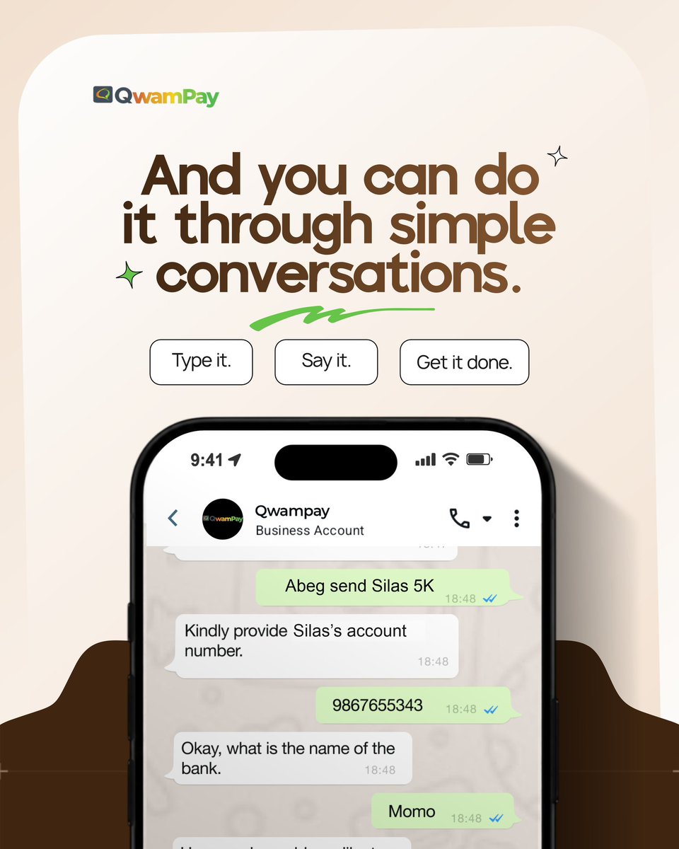 QwamPay's tweet photo. Your money moves. Your WhatsApp stays open.
That’s the whole idea. 💸

QwamPay is almost here.

•

#QwamPay #BankingMadeEasy #BankingInWhatsApp #FintechNigeria #DigitalPayments https://t.co/O6kCH8gM58