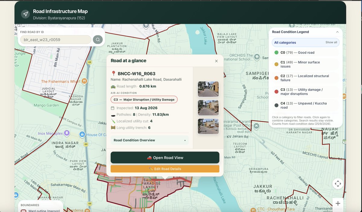 AIRAi72's tweet photo. @PMCPune  Manual road surveys take weeks and still miss stretches.
> AIR-Ai scans the city, maps every road, and gives structured condition data ward by ward — so decisions rest on a complete picture, not scattered field notes.
> Live in Bengaluru &amp; Kalaburagi. 7,000+ km already. https://t.co/PKE4pXAELg