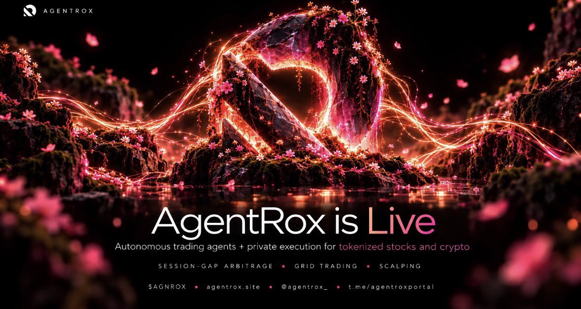 fark100x's tweet photo. AgentRox is live.

AgentRox combines autonomous trading agents with Session-Gap Arbitrage, Grid Trading, and Scalping with private execution for tokenized stocks and crypto.

Ca: 0x63878fc4a665b247000aeB6E1574dF34B2AAF226

Web: https://t.co/i42EZkyZdt
TG: https://t.co/VqY2yPOXwA https://t.co/sTDBkVUKDS