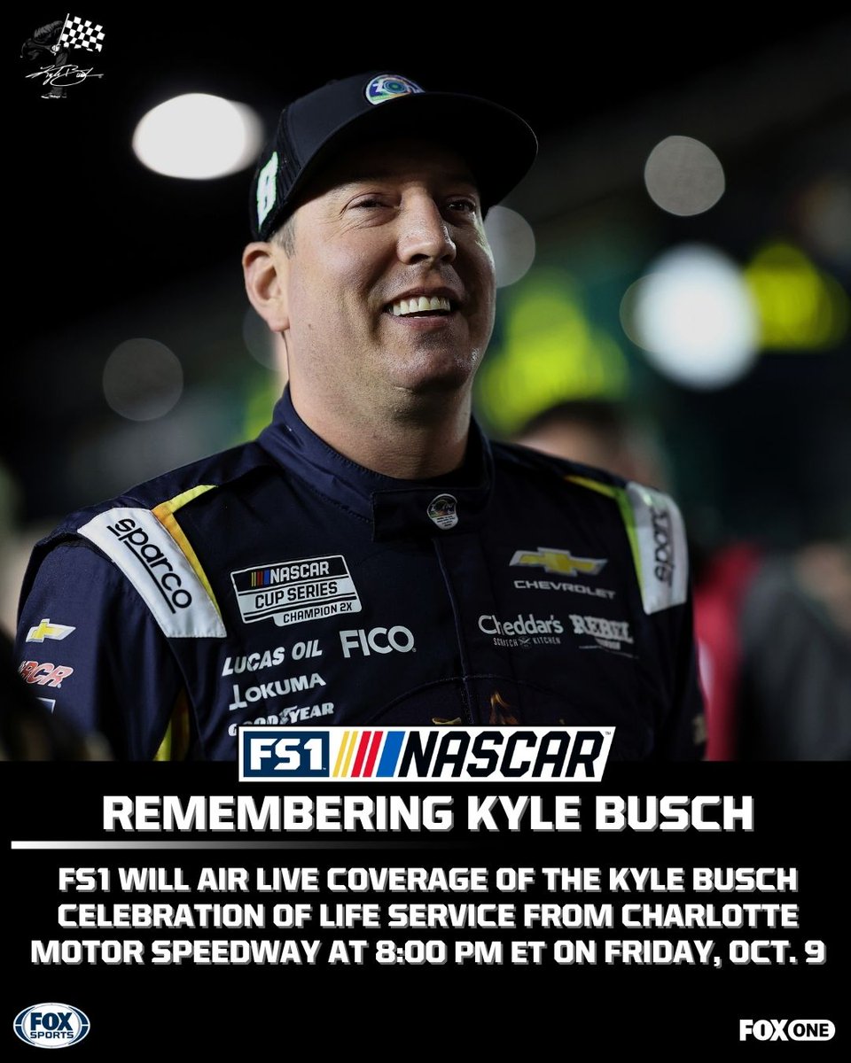 FOXSportsPR's tweet photo. Remembering and celebrating "Rowdy" 🏁❤️

FS1 will air live coverage of the Kyle Busch Celebration of Life service from Charlotte Motor Speedway on Friday at 8:00 PM ET, immediately following the NASCAR Craftsman Truck Series race. https://t.co/wyvzwpeKEY