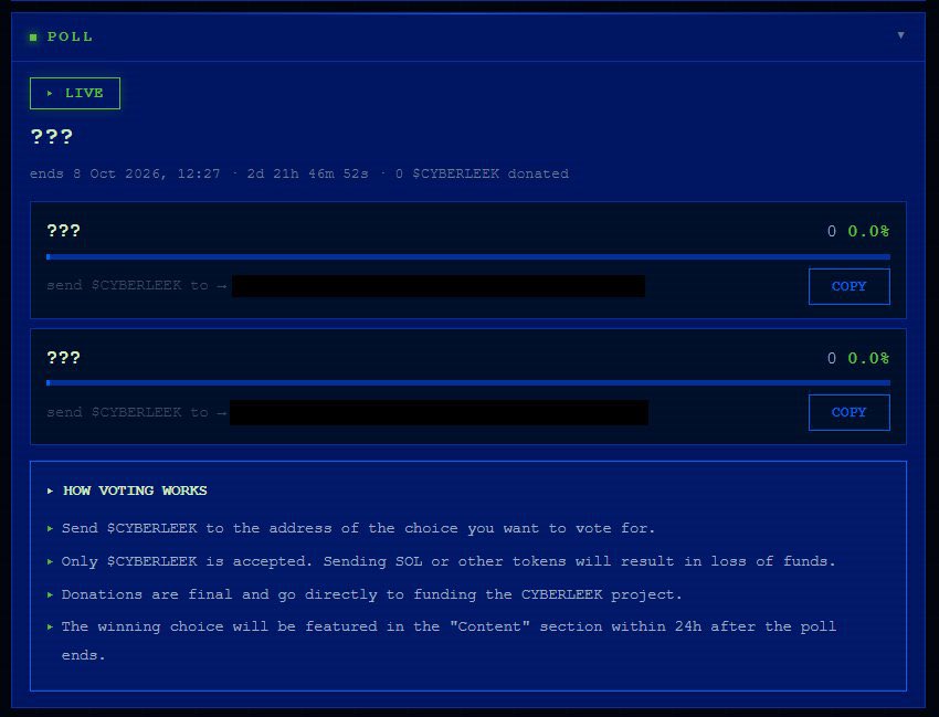 ViceCity_Media's tweet photo. 🚨 NEW: Cyberleek website spotted with a mysterious live poll.

It’s currently unclear whether Cyberleek has returned or if someone else has taken control of the website. 
The poll appears to be asking visitors to vote using $CYBERLEEK. https://t.co/2zTIe0PLKE