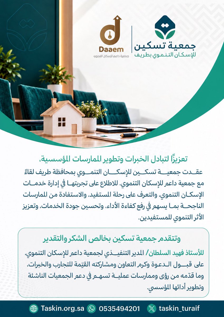 taskin_turaif's tweet photo. بتبادل الخبرات نطوّر الممارسات ونعزّز الأثر.

سعدنا في جمعية تسكين بلقاء جمعية داعم [ @daaemorg ]، والاطلاع على تجربتها في الإسكان التنموي ورحلة المستفيد.

شكرًا لمديرها التنفيذي الأستاذ فهيد السلطان على قبول الدعوة وثراء المشاركة، بما يدعم انطلاقتنا في خدمة الأسر المستحقة. https://t.co/q120noQcU1