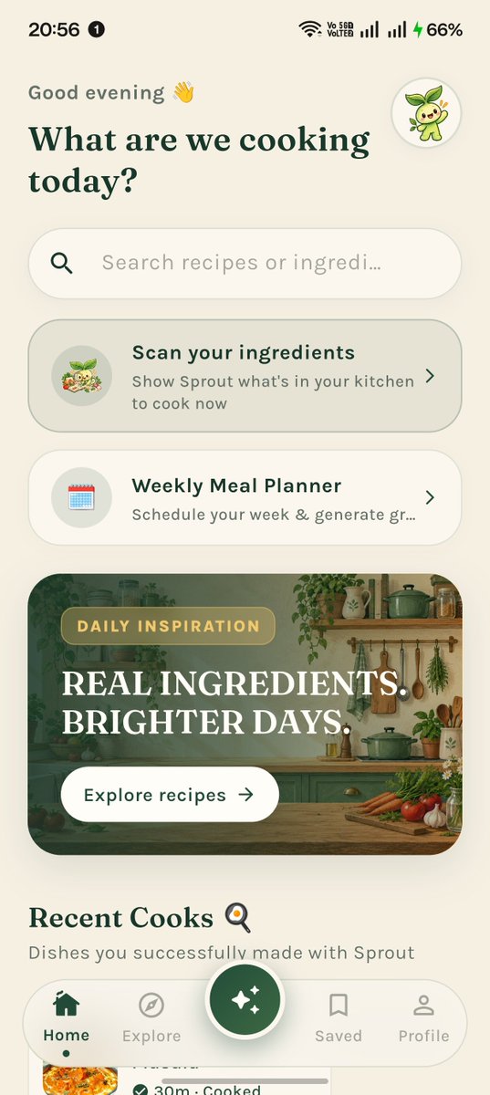 krishxbuilds's tweet photo. Today I built the Sprout home screen + recipe cards.
Trying to give this recipe generator a cozy cookbook feel instead of the usual AI-app aesthetic.
What do you think?
#flutter #buildinpublic https://t.co/gY0an651Wf