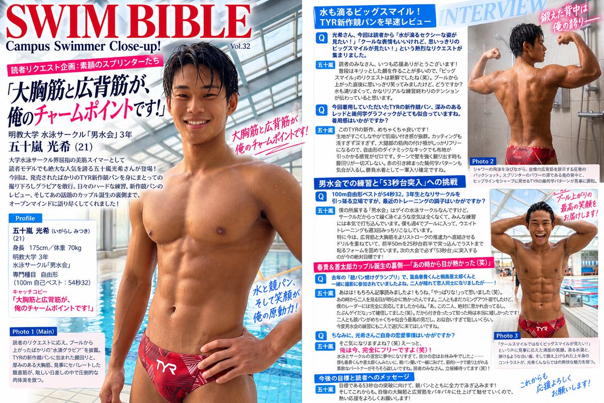yuma_novel's tweet photo. 競パン雑誌『SWIM BIBLE』

vol.11　「五十嵐光希」
　　　　春貴＆蒼太郎カップル誕生の裏側🤫   

#SWIMBIBLE https://t.co/zlkNboaU63