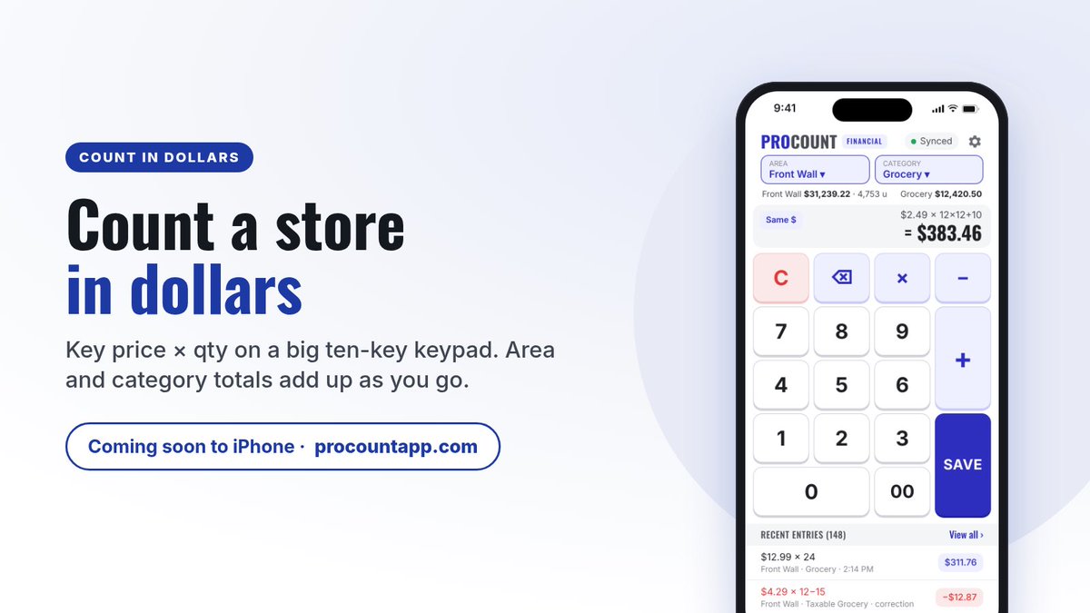 ProCountApps's tweet photo. No POS file? No scanner? No problem.

Tap an area, tap a category, key price × qty. Running totals as you count, then PDF recaps at retail and cost.

ProCount Financial Inventory, coming soon to iPhone. Get notified: https://t.co/f5GKY1vZFX https://t.co/kXviQF0uQs