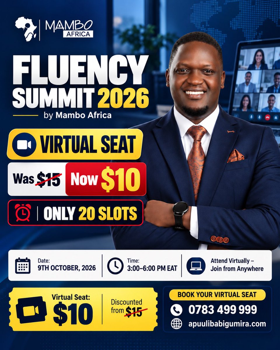 ApuuliBabigumir's tweet photo. Not in Kampala? We got you.
Attend #FluencySummit2026 VIRTUALLY on 9th Oct, 3-6PM EAT.
Live launch of Voice Command book + live student showcase.
Virtual seat: $10 instead of $15
Only 20 slots at this price.
Book: https://t.co/LPIVmuazPf
WhatsApp: 0783 499 999
Send VIRTUAL. https://t.co/88NIgKhll5