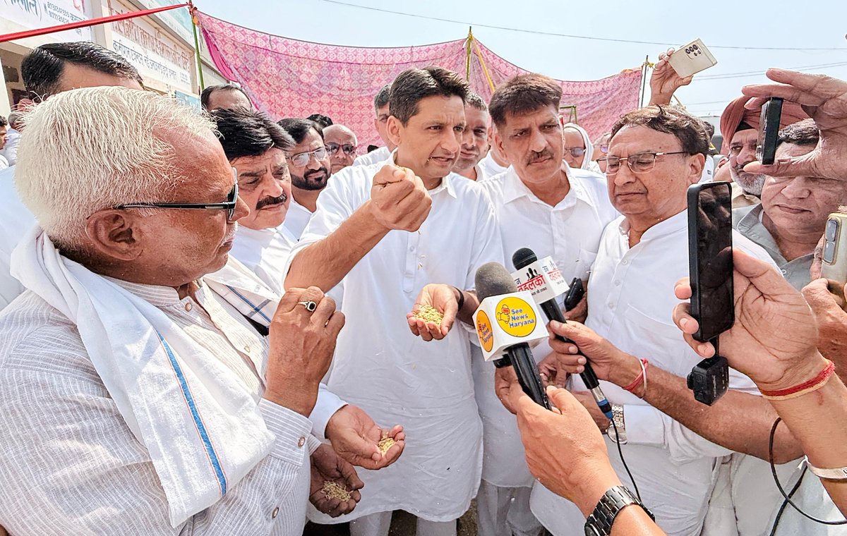 DeependerSHooda's tweet photo. आज इंद्री अनाज मंडी का दौरा कर किसानों, आढ़तियों व मजदूरों से मुलाकात की। मंडियों में फसल खरीद न होने की वजह प्रदेश का किसान परेशान है।

मुख्यमंत्री नायब सैनी जी ने 2024 के चुनाव में वादा किया था कि 8 अक्टूबर के बाद PR धान का ₹3100 प्रति क्विंटल का भाव दिलाएंगे। दुःख की बात यह है कि सरकार ने तीन सीजन बाद भी अपना वादा पूरा नहीं किया। अभी जो ₹2400 की MSP है, उस पर भी ₹200-₹400 का कट लगाकर कच्ची पर्चियों पर धान की खरीद हो रही है।

​हमारी मांग है कि मुख्यमंत्री जी PR धान की MSP ₹2400 से बढ़ाकर ₹3100 करने का अपना वादा पूरा करें। यदि MSP नहीं बढ़ाई जाती ह���, तो हुड्डा सरकार की तर्ज पर ₹700 का बोनस घोषित करके ₹3100 के भाव पर PR धान खरीदा जाए।

साथ करनाल लोकसभा से कांग्रेस प्रत्याशी रहे @DivyanshuB_raja जी, ग्रामीण जिलाध्यक्ष राजेश वैध जी, पूर्व विधायक राकेश कंबोज जी, पूर्व मंत्री भीम सेन मेहता जी, पूर्व विधायक धर्मपाल गोंदर जी, पूर्व ��िलाध्यक्ष सुरेंद्र नरवाल जी आदि।

@SanjaySDutt @BhupinderShooda @raonarenderinc @INCHaryana