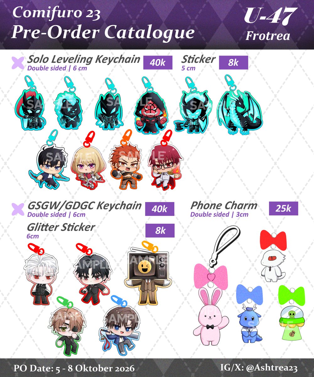 Ashtrea23's tweet photo. [💜&amp;🔃Appreciated]

Ashtreart CF23 Pre-Order is now open

📍FROTREA, Booth U-47
🗓️PO: 5 Okt - 8 Okt 2026
🚚Pick Up, Mail, 🍊
🔗PO link below

⭐️Paradox Live, CSM, Sakamoto Days, Solo Leveling, GSGW/GDCG, Genshin, HSR, JJK, Pokemon Trainer

#CF23 #CF23catalogue
#warunggenshin https://t.co/YvRGo9ArkV