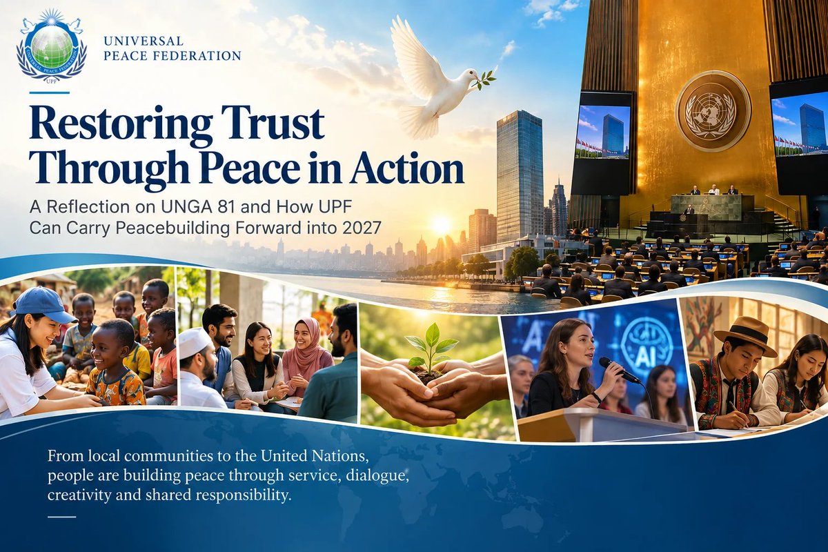 ukUPF's tweet photo. After #UNGA81, a vital question remains: what happens after the speeches end?
https://t.co/wIvRrKlbfD

UPF President Dr Tageldin Hamad reflects on how restoring trust must become peace in action — through service, local responsibility, partnership and opportunities for younger generations to lead.

As we look towards 2027 and the International Decade of Strengthening of Peace for Future Generations, how can today's commitments become something communities can truly depend upon?
#Peacebuilding #AmbassadorsForPeace #UPF