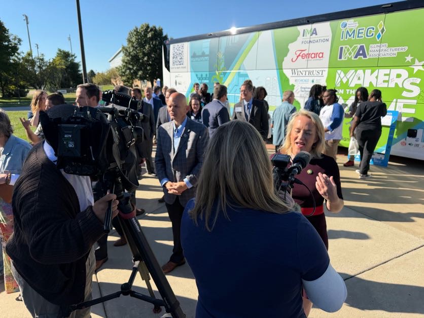 IMA_Today's tweet photo. Stop #2 of Day 2 brought #MakersOnTheMove to the University of Illinois Springfield! We heard from UIS Chancellor Janet Gooch and joined a fireside chat with Mark Denzler & IMEC on the evolving needs of Illinois manufacturers and preparing the next generation of talent.

#MFGDay26 #MadeInIllinois