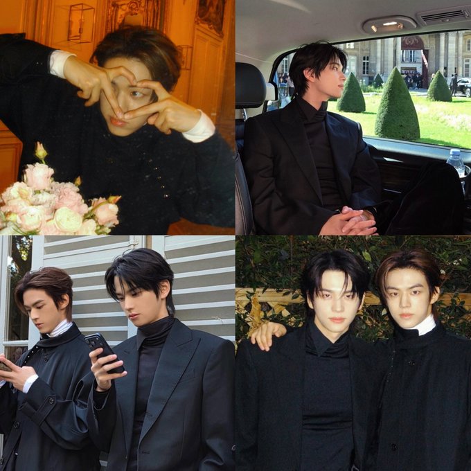 A four-panel collage shows a young man in various poses, including making a heart shape with his hands, sitting in a car in a black suit, and standing with another person in black attire.