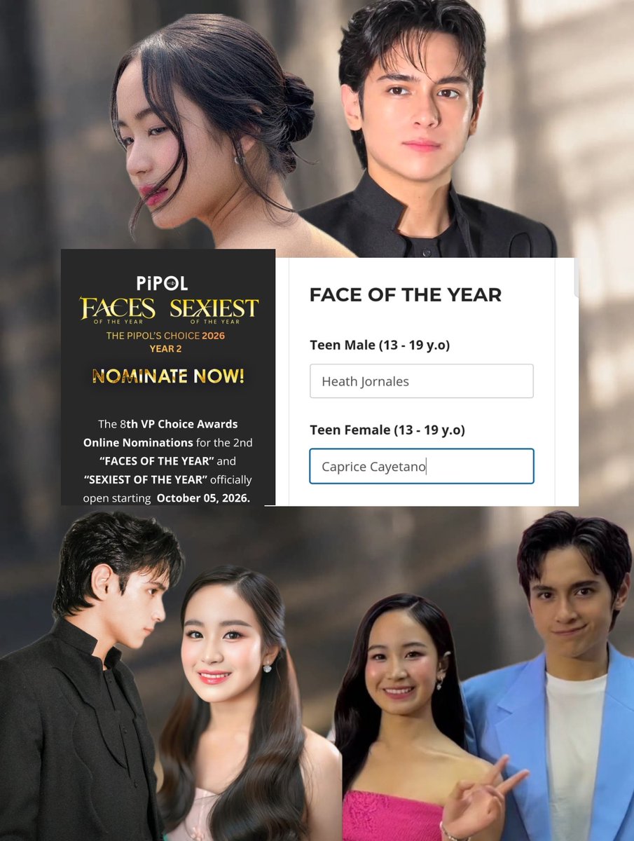 Yupitsme_Alliza's tweet photo. Calling all Kapitans! 💜

Let's nominate our faves #HeathJornales &amp; #CapriceCayetano as Teen Male &amp; Female Face of the Year 2026 once again for #PIPOLFacesOf2026 

Nominate in all platforms and official website: 🔗: https://t.co/lwPcSnaiQe

Let's G! 
 #CapEath https://t.co/wdYrNN5hTn