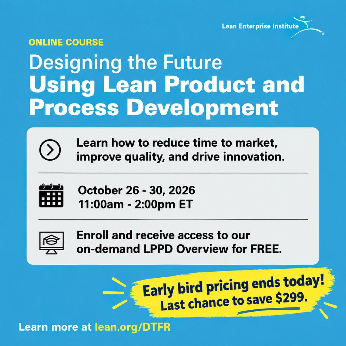 LeanDotOrg's tweet photo. Last chance to save $299 on LEI's Designing the Future Workshop and get access to the 1 hr LPPD Overview course.

Register today at https://t.co/rY36NzSmSQ https://t.co/B2VN7bLBiQ