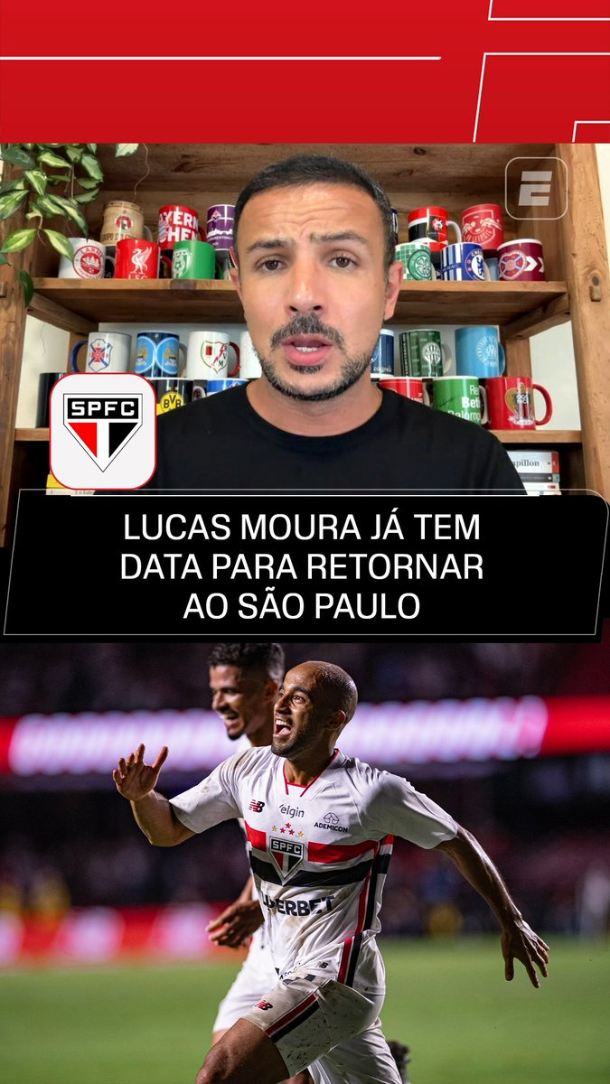 The image shows a male content creator wearing a black shirt, speaking in front of shelves filled with football club mugs, with the São Paulo FC (SPFC) crest displayed. Below him is an action shot of Lucas Moura celebrating in São Paulo's white, red, and black striped kit, while the headline reads "LUCAS MOURA JÁ TEM DATA PARA RETORNAR AO SÃO PAULO," indicating news of his comeback from an Achilles injury.