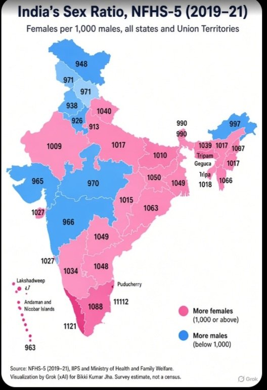 iBikkiJha's tweet photo. #NFHS5 #SexRatio #IndiaData #Demographics #GenderRatio #CensusVsSurvey
Credit. Data from NFHS-5 (2019–21), International Institute for Population Sciences and the Ministry of Health and Family Welfare. India total is 1,020 females per 1,000 males. Map made by Grok (xAI) for Bikki Kumar Jha.