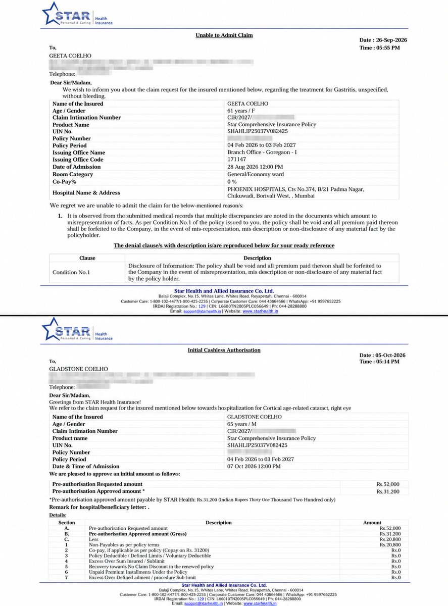prem_coelho's tweet photo. @StarHealthIns 
 Two genuine medical claims for my parents have been unfairly rejected/limited despite complete medical documentation. ₹70K claim rejected; ₹52K cataract claim approved for only ₹31.2K. Please intervene. 
@irdaiindia 
@COmbudsmen https://t.co/9kIM27rjoh