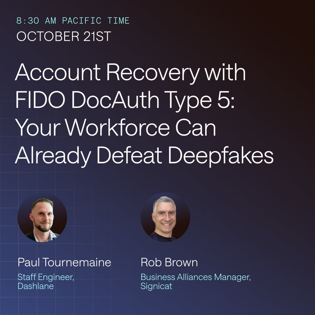 dashlane's tweet photo. Heading to #Authenticate2026? So are we. Don’t miss Dashlane on stage!
🎙️ Rew Islam & Tina Zhuo
🔑 Mind the Gap: Have Passkeys Crossed the Chasm?
📅 Tuesday, October 20th @ 11:00 AM PT
🎙️ Paul Tournemaine (Dashlane) & Rob Brown (Signicat)
🛡️ Account Recovery with FIDO DocAuth Type 5: Your Workforce Can Already Defeat Deepfakes
📅 Wednesday, October 21st @ 8:30 AM PT
See you in Carlsbad: https://t.co/EAOtBhof6w