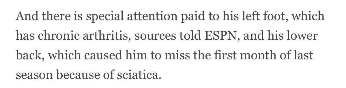 AbesRealm's tweet photo. @RichStapless They misquoted the article. Dave reported the sciatica was what sat him out last season, not an active issue now. Right now, Bron and Mancias are just putting special focus on maintaining his foot and lower back. Huge difference between active sciatica and routine care. https://t.co/Zl4HmceSaK
