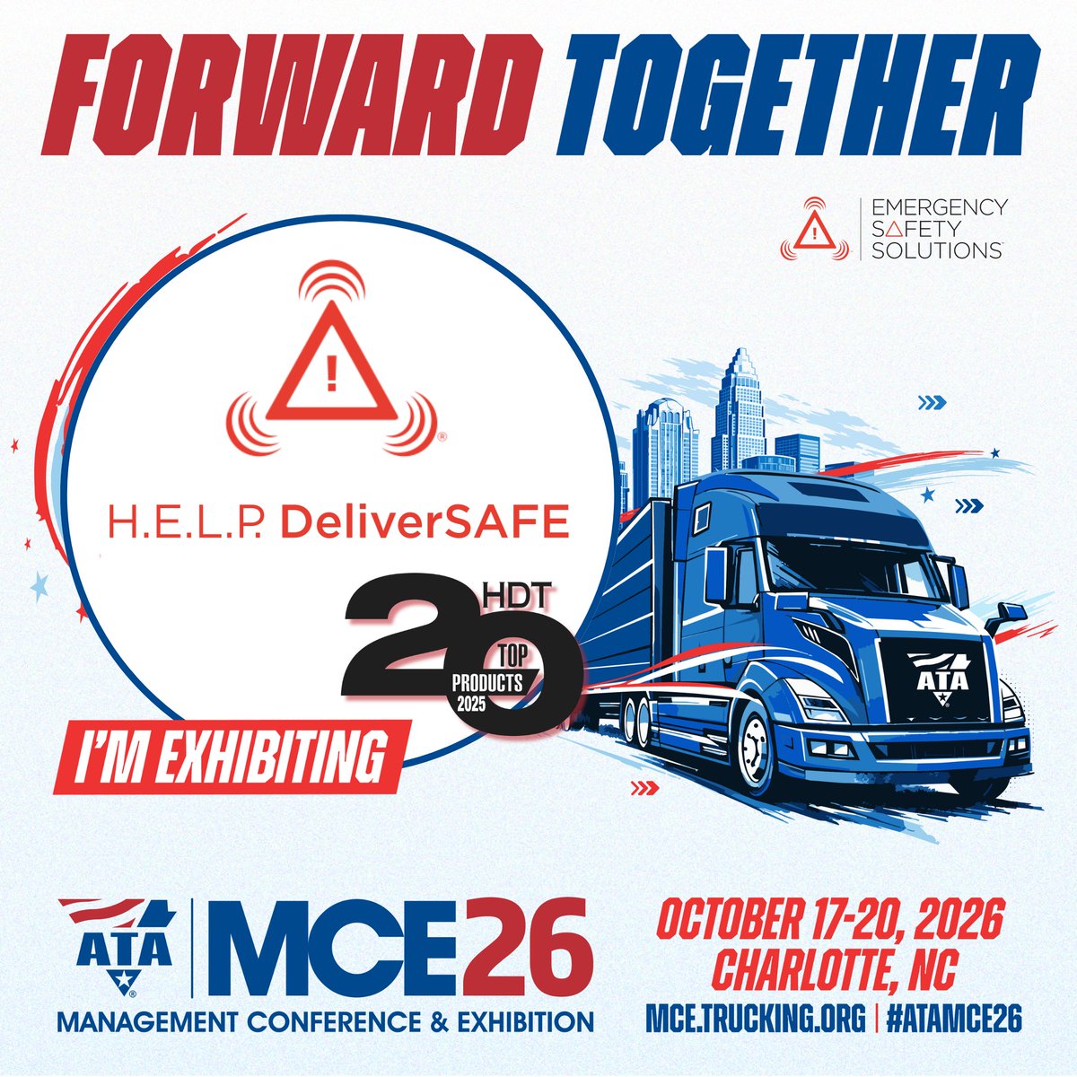 ESS_Help's tweet photo. We’re heading to Charlotte for #ATAMCE26!

Join Emergency Safety Solutions at the ATA Management Conference & Exhibition, October 17–20, and see how H.E.L.P. DeliverSAFE® is bringing earlier awareness to the trucking industry, helping protect drivers, equipment, and operations when trucks and trailers become vulnerable on the roadway.

📍 Stop by Booth #27092 to meet the ESS team and learn more about our HDT Top 20 Product of 2025.

Earlier Awareness. Smarter Actions. Safer Roads.

Register today at the link in the comments!

#ATAMCE26 #Trucking #FleetSafety #RoadwaySafety #HELPAlerts #ESSHelp