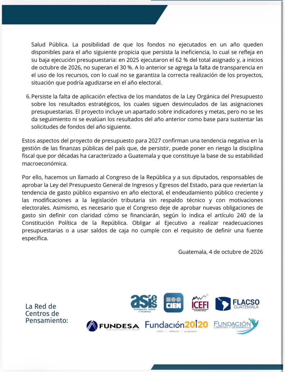 AztecaNoticiaGT's tweet photo. La Red de Centros de Pensamiento expresó su preocupación por varios aspectos del Proyecto de Presupuesto General de Ingresos y Egresos del Estado para 2027, presentado por el Organismo Ejecutivo al Congreso de la República para su discusión y aprobación.

Vía @ArlettG_ https://t.co/bIMQhgL39t