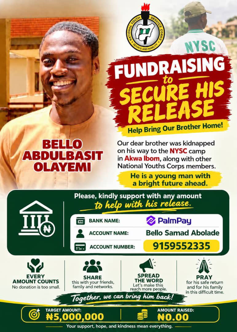 AsakeRoqeebah's tweet photo. When I first heard that he was kidnapped, Wallahi I shed tears uncontrollably. 
Cuz for one, I am also a PCM 
It could have been me, you, anyone!
This madness of posting NYSC to far places need to end. 
Please help bring Abdul Basit home. 
Your 1k 2k 100k, 200k counts. https://t.co/ifyRe92veD